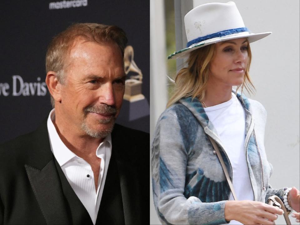 A composite image of Kevin Costner and Christine Baumgartner.