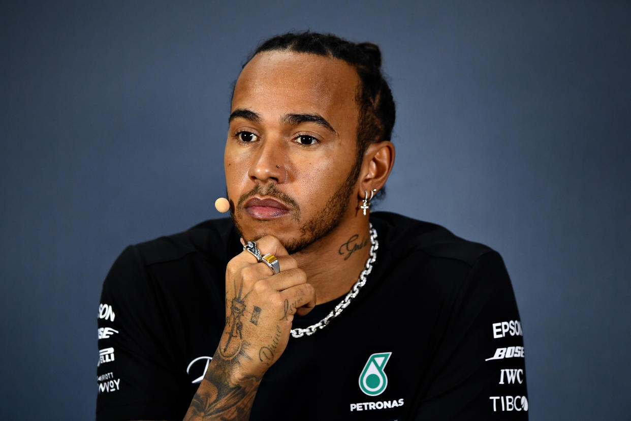 MEXICO CITY, MEXICO - OCTOBER 24: Lewis Hamilton of Great Britain and Mercedes GP talks in the Drivers Press Conference during previews ahead of the F1 Grand Prix of Mexico at Autodromo Hermanos Rodriguez on October 24, 2019 in Mexico City, Mexico. (Photo by Clive Mason/Getty Images)