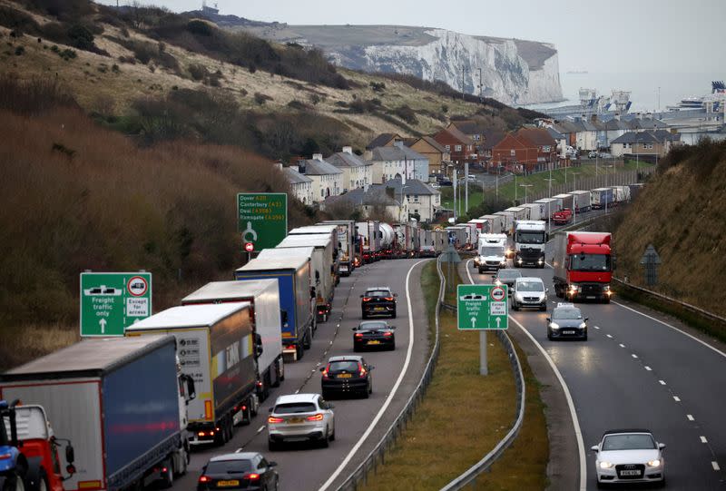 FILE PHOTO: Freight lorries are seen queuing on A20 road in Dover