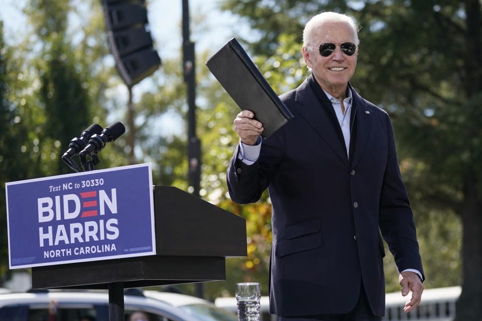 Democratic presidential candidate former Vice President Joe Biden turns from the podium after speaking during a campaign event at Riverside High School in Durham, N.C., Sunday, Oct. 18, 2020. (AP Photo/Carolyn Kaster)