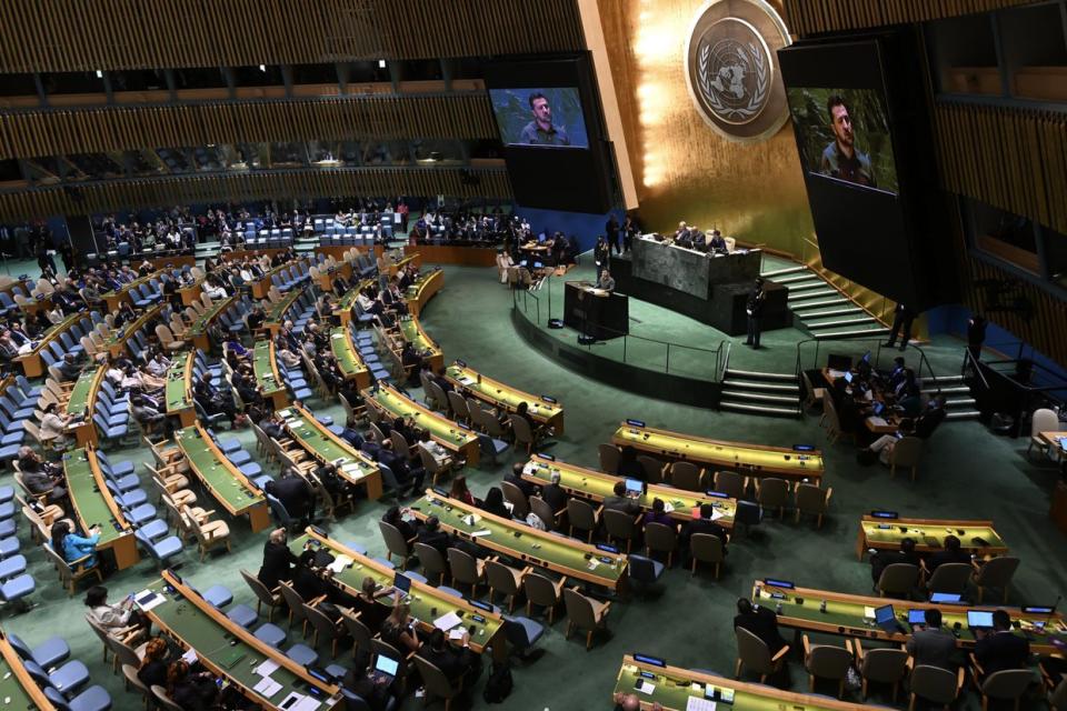 President Volodymyr Zelenskyy delivers his remarks during the 78th session of the United Nations (UN) General Assembly at UN headquarters in New York, United States, on Sept. 19, 2023. (Fatih Aktas/Anadolu Agency via Getty Images)