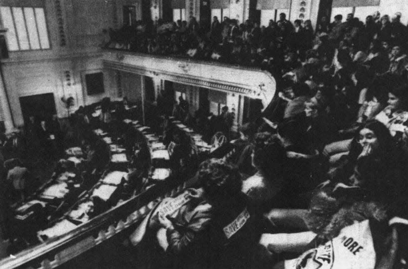 Spectators and lobbyists pack the gallery of the NJ Assembly during Little League debate in Trenton on Monday, March 25, 1974. State House observers said that this was one of the largest, and noisiest, in recent history.