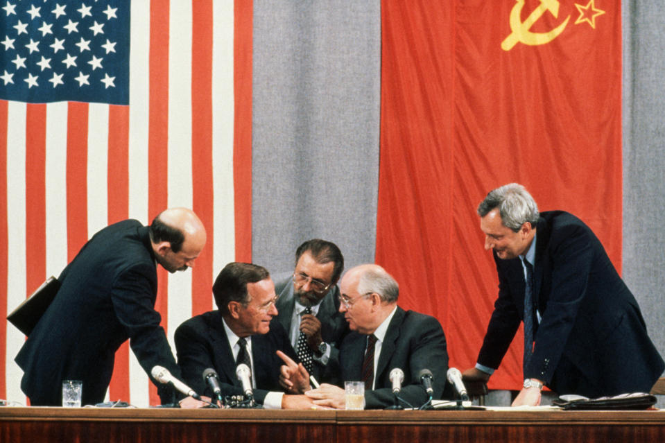 U.S. President George Bush and Soviet leader Mikhail Gorbachev laugh together during the 1991 Moscow Summit. (Peter Turnley / Corbis/VCG via Getty Images file)