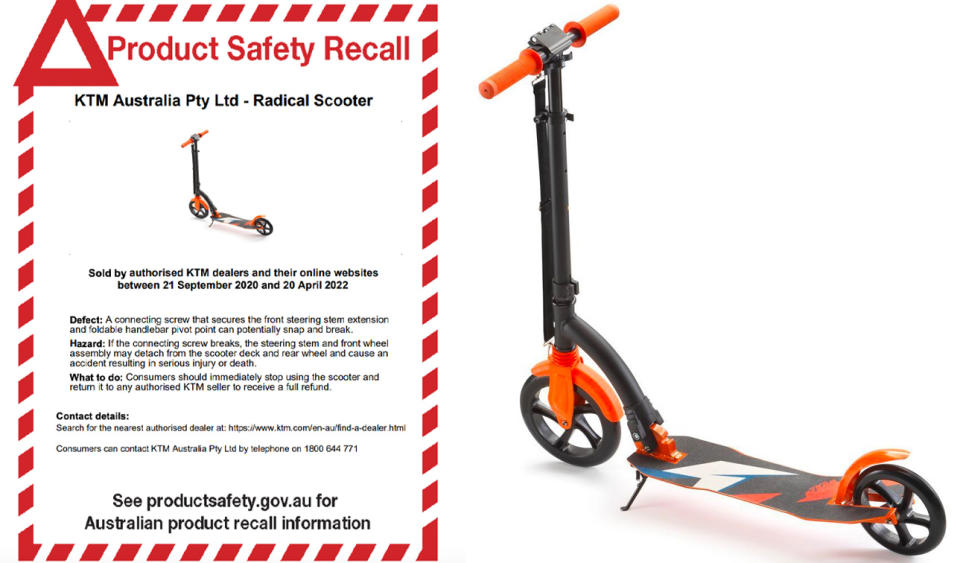 KTM Australia has issued an urgent recall of its Radical Scooter over fears a defect could cause serious injury or death. Source: Getty Images/KTM Australia