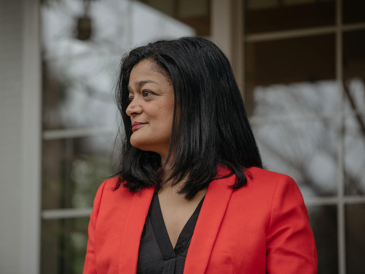 Rep. Pramila Jayapal (D-Wa.), at her home in Seattle, Washington, on April 25, 2020. Rep. Jayapal has historically had a different relationship with Amazon than her fellow progressives because so many of her constituents work for the tech giant, working to solve issues behind the scenes, but with the pandemic, her stance is changing. (Grant Hindsley/The New York Times)