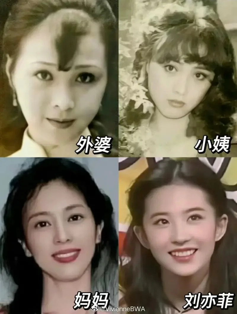 ▲外婆、媽媽、小姨都是美女，劉亦菲自嘲「全家最醜」。（圖／翻攝微博）