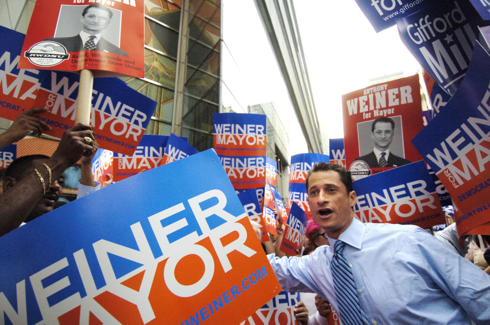 Rep. Anthony Weiner greets supporters outside the Time Warner Center on Columbus Circle before a debate with other Democratic mayoral hopefuls on August 16, 2005.&nbsp;