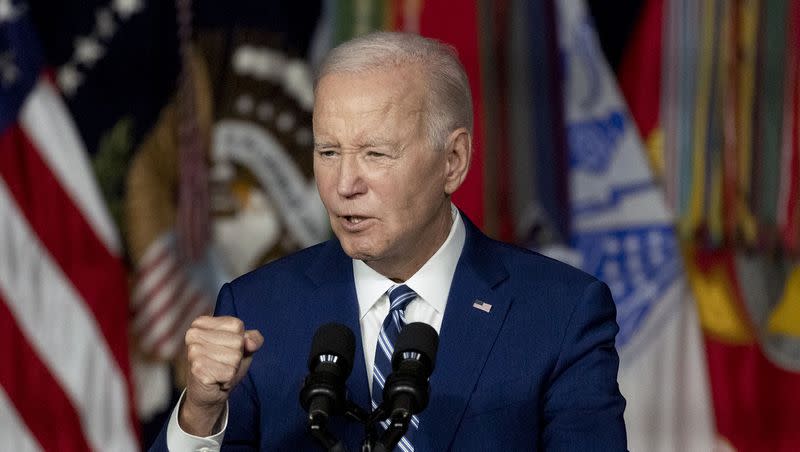 President Joe Biden gets emotional while speaking about the number of veterans who commit suicide while delivering remarks on the one-year anniversary of passage of the PACT Act, the most significant expansion of benefits and services for toxic exposed veterans and survivors in over 30 years, at the George E. Wahlen Department of Veterans Affairs Medical Center in Salt Lake City on Thursday, Aug. 10, 2023.