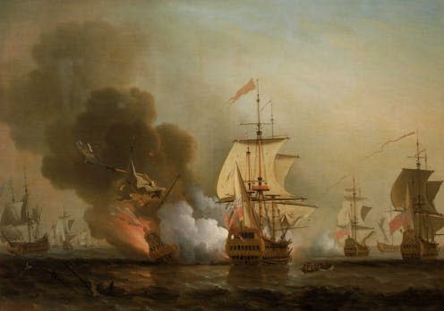 <span class="caption">Wager's Action off Cartagena, 28 May 1708 by Samuel Scott (1772), a painting showing the moment the San José was blown up. </span> <span class="attribution"><a class="link " href="http://collections.rmg.co.uk/collections/objects/11840.html" rel="nofollow noopener" target="_blank" data-ylk="slk:National Maritime Museum;elm:context_link;itc:0;sec:content-canvas">National Maritime Museum</a></span>