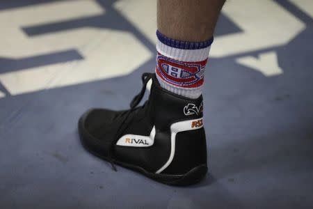 Canada's Prime Minister Justin Trudeau wears Montreal Canadiens logo adorned socks as he trains at Gleason's Boxing Gym in Brooklyn, New York, U.S., April 21, 2016. REUTERS/Carlo Allegri