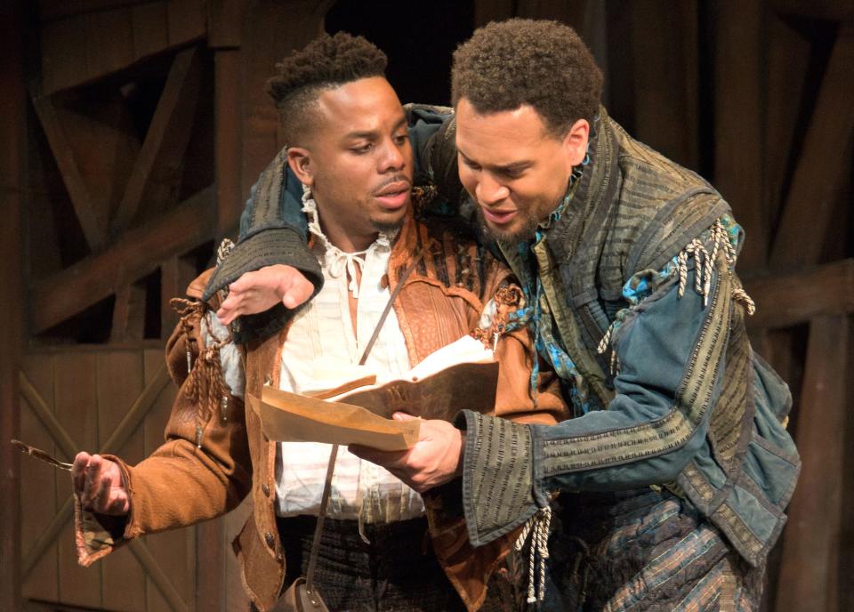 Cornelius Davis, left, and Cordell Cole play playwriting brothers in the Renaissance era trying to compete with the success of William Shakespeare in “Something Rotten” at Florida Studio Theatre.