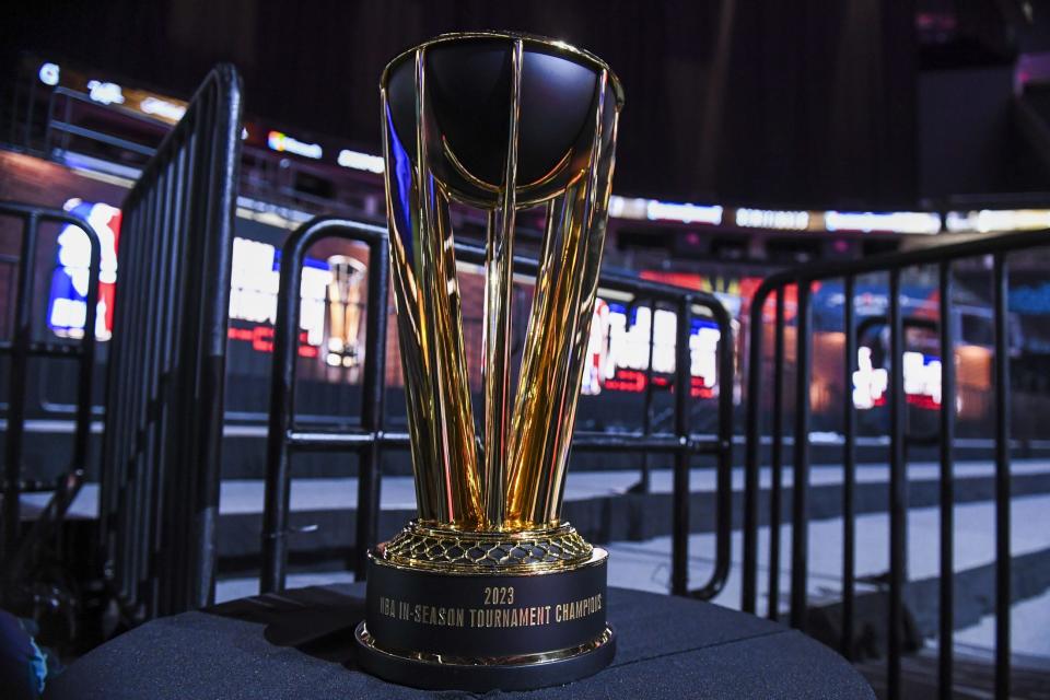 Dec 6, 2023; Las Vegas, NV, USA; The NBA In-Season Tournament trophy during practice day prior to the In-Season Tournament semi-finals at T-Mobile Arena. Mandatory Credit: Candice Ward-USA TODAY Sports