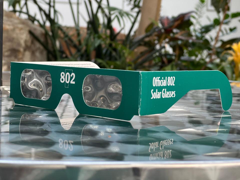 A pair of solar glasses on sale to commemorate the 2024 solar eclipse that northern Vermont will be in the path of totality for. Pictured May 10, 2023.