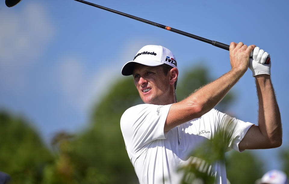 U.S. golfer Justin Rose hits from the fourth tee during the last round of the Hero World Challenge at Albany Golf Club in Nassau, Bahamas, Sunday, Dec. 2, 2018. (AP Photo/Dante Carrer)