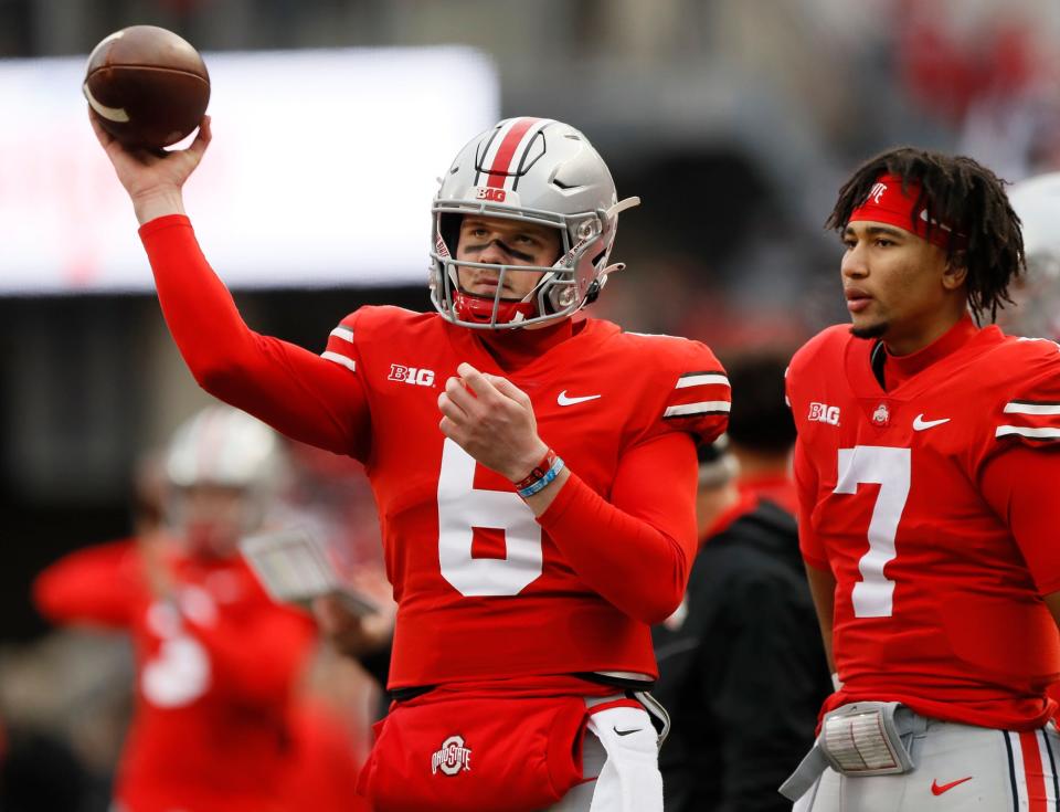 A source close to quarterback Kyle McCord (6) told The Dispatch that the true freshman intends to stay at Ohio State next season.