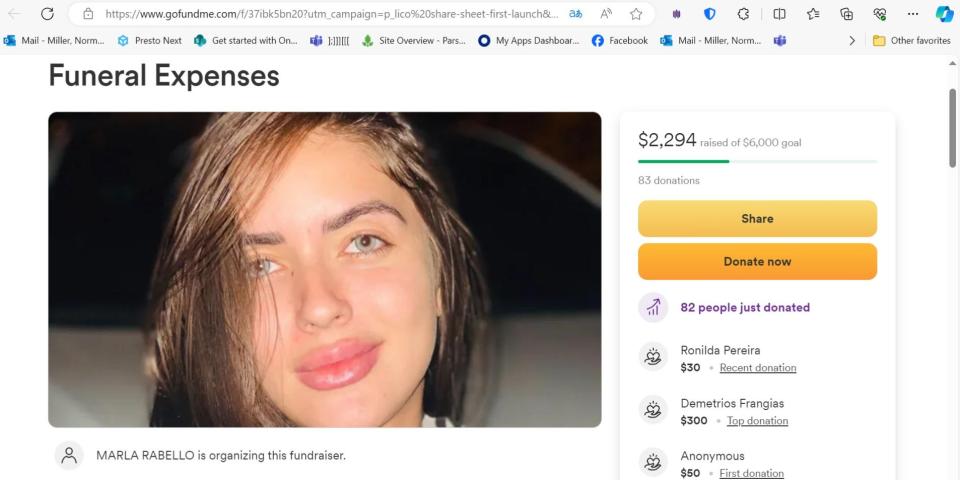 This is a screengrab from a GoFundMe that was started to help fund funeral costs for Kethlen Paula Alves Trindade DaRocha, who was shot and killed Wednesday in Marlborough.