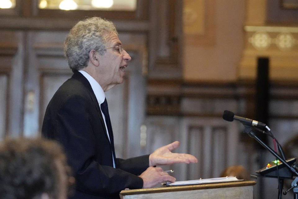 Ken Falk speaks during a Supreme Court hearing, Thursday, Jan. 19, 2023, in Indianapolis. A top state lawyer urged the Indiana Supreme Court to uphold the state's Republican-backed abortion ban, even as the justices weighed whether they should decide its constitutionality before lower courts have fully considered the case. (AP Photo/Darron Cummings, Pool)