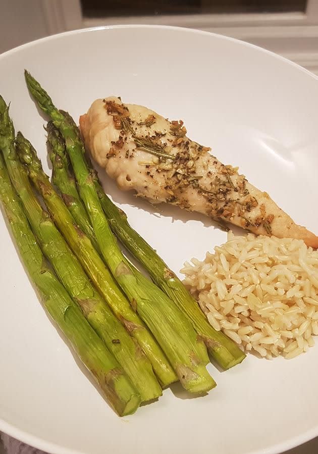 Dinner on day two was slow roasted chicken with asparagus and brown rice. Photo: Sarah Carty.