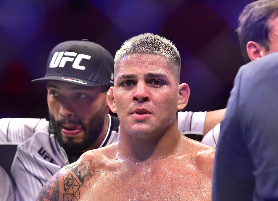 Jan 21, 2023; Rio de Janeiro, Brazil; Brunno Ferreira (blue gloves) reacts after fight against Gregory Rodrigues (red gloves) during UFC 283 at Jeunesse Arena. Mandatory Credit: Jason da Silva-USA TODAY Sports