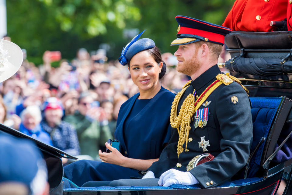 Meghan, Duchess of Sussex, making her first appearance at a public engagement Saturday since the birth of her son, Archie Harrison Mountbatten-Windsor, at the traditional Trooping the Colour, a celebration of the Queen's official birthday. (Photo by DPPA/Sipa USA)