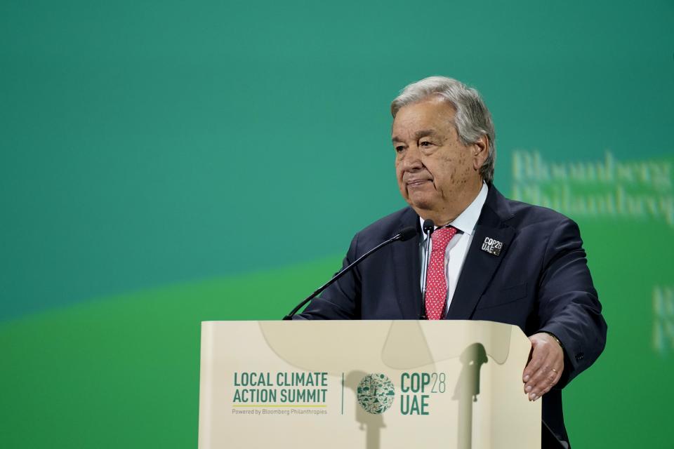 United Nations Secretary-General Antonio Guterres speaks during a session at the COP28 U.N. Climate Summit, Friday, Dec. 1, 2023, in Dubai, United Arab Emirates. (AP Photo/Joshua A. Bickel)