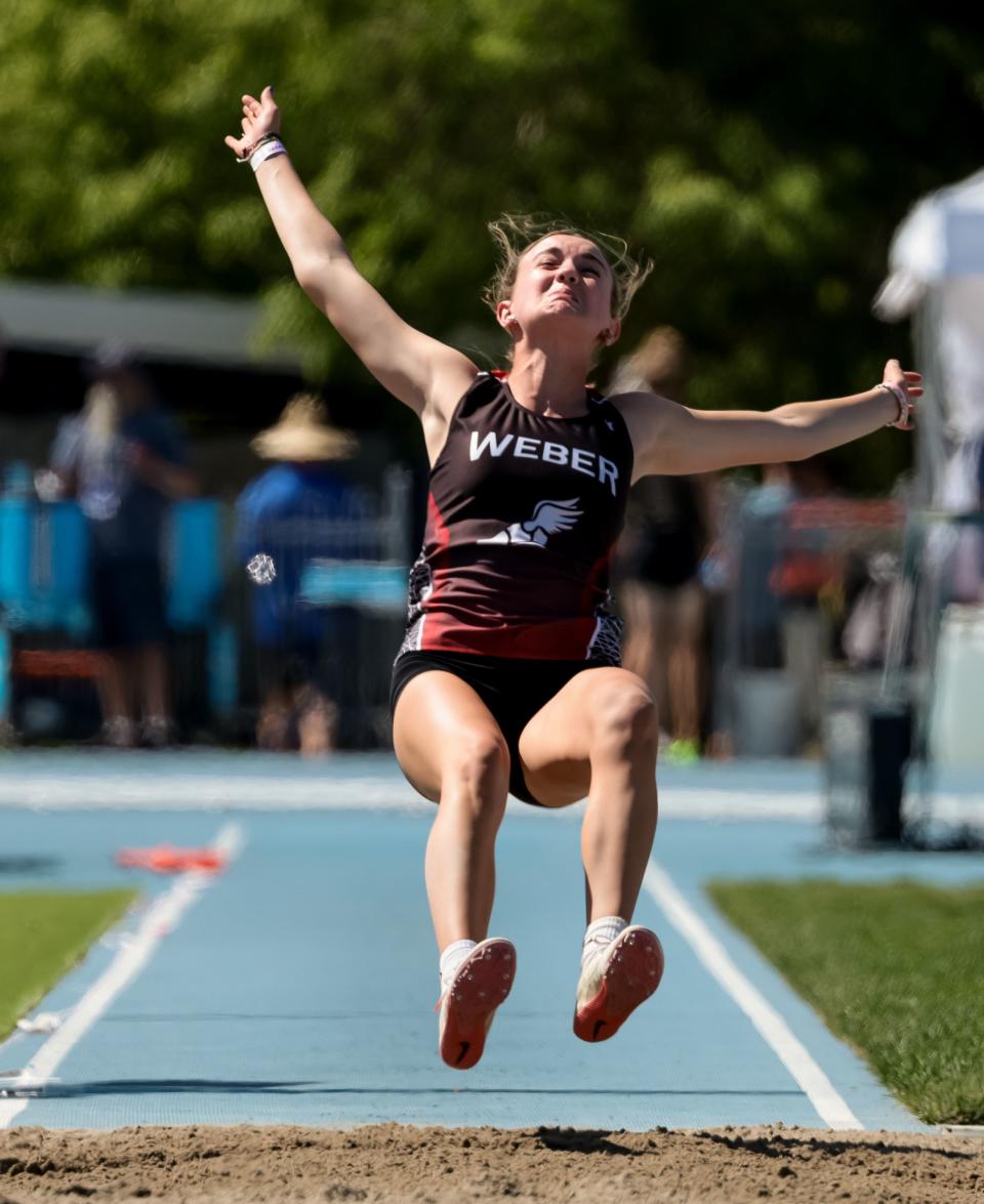 Athletes compete in long jump at the Utah high school track and field championships at BYU in Provo on Thursday, May 18, 2023. | Spenser Heaps, Deseret News