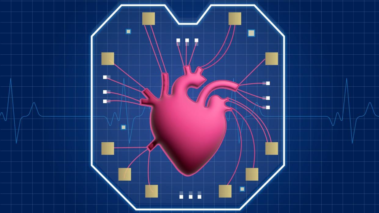  Illustration of the new heart-on-a-chip depicting a pink heart in the middle of a chip against a blue background. 