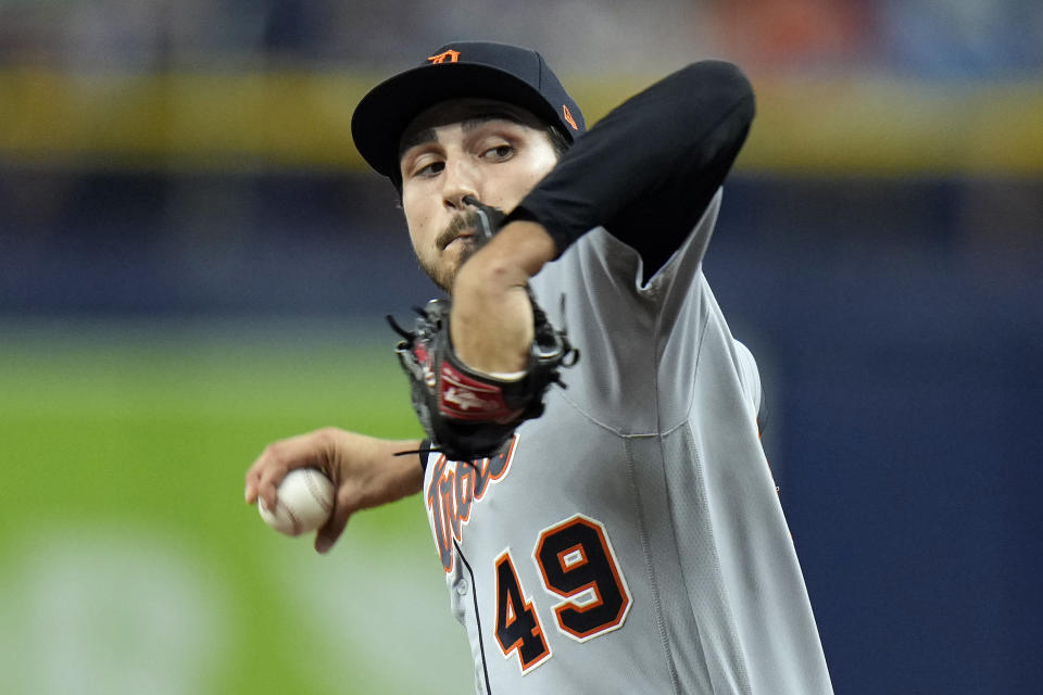 Detroit Tigers pitcher Alex Faedo delivers to the Tampa Bay Rays during the first inning of a baseball game Monday, May 16, 2022, in St. Petersburg, Fla. (AP Photo/Chris O'Meara)