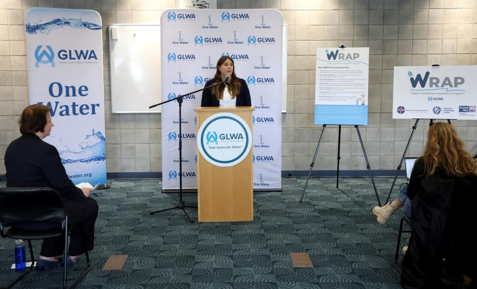 Madison Merzlyakov, the Affordability and Assistant Manager at the Great Lakes Water Authority talks during a press conference at the GLWA in Detroit on March 1, 2023. The water authority announced WRAP, the Water Residential Assistance Program which helps low-income households with payment assistance through water and sewer bill credits and other services for them.