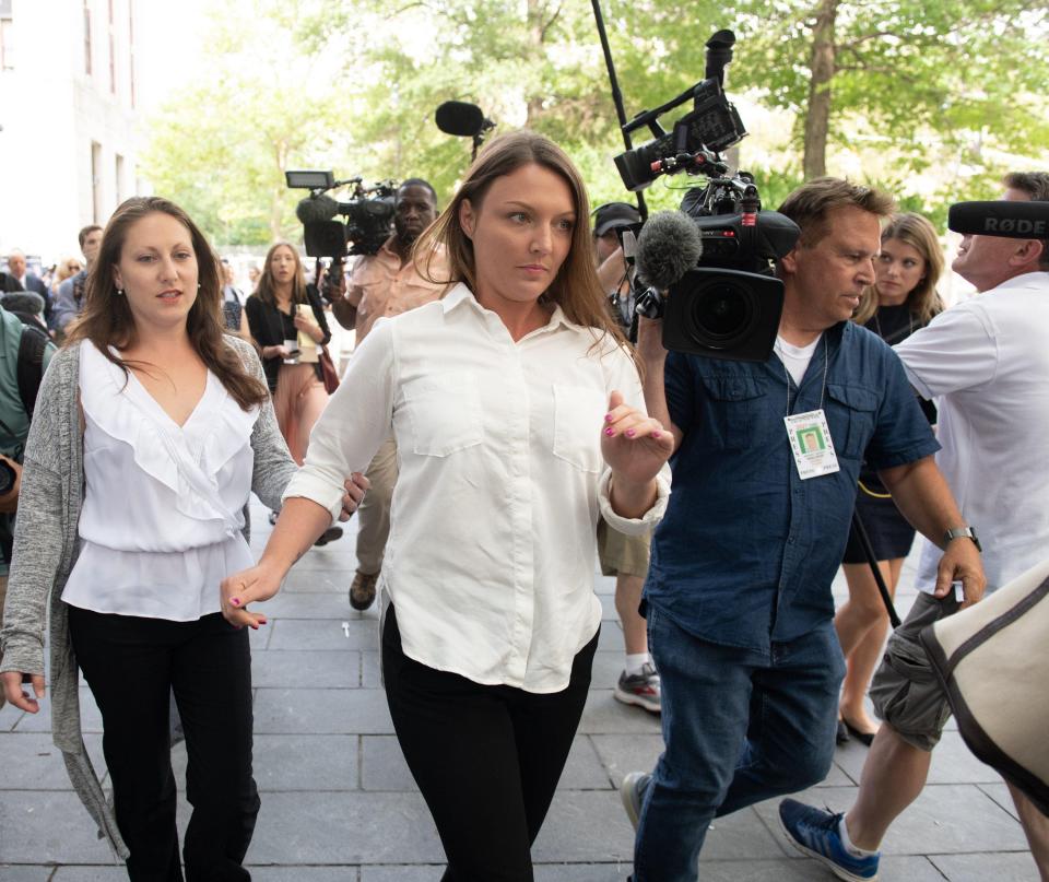 Victims of Jeffrey Epstein from Miami criminal case, Michelle Licata, left, Courtney Wild, right, leave the the Manhattan Federal Courthouse on July 8 in Manhattan. Wild and Licata both lived in Palm Beach County.