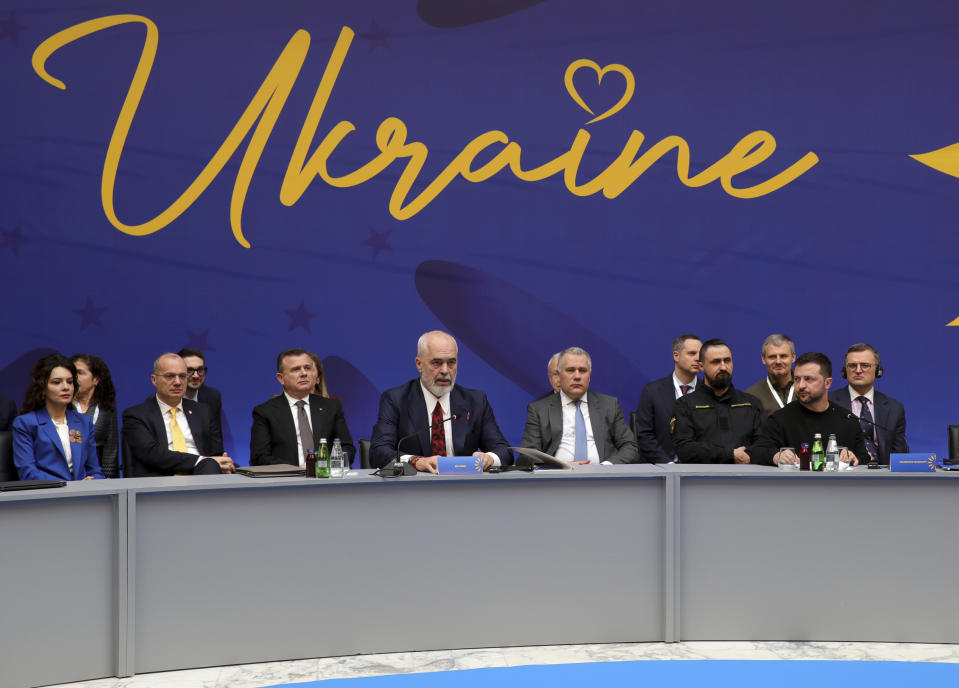 Albanian Prime Minister Edi Rama, center, speaks as Ukrainian President Volodymyr Zelenskyy, right, looks on during the summit of Southeastern European countries on peace in Tirana, Albania, Wednesday, Feb. 28, 2024. Ukraine's president co-hosts a summit with Albania's government on Wednesday that is meant to encourage further support for Kyiv by southeastern European countries, as signs of fatigue grow two years after Russia's full-scale invasion. (AP Photo/Armando Babani, Pool)