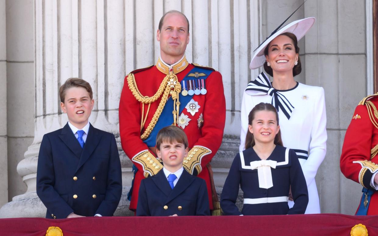 Prince George of Wales, Prince William, Prince of Wales, Prince Louis of Wales, Princess Charlotte of Wales and Catherine, Princess of Wales on the balcony of Buckingham Palace during Trooping the Colour on June 15, 2024 in London, England