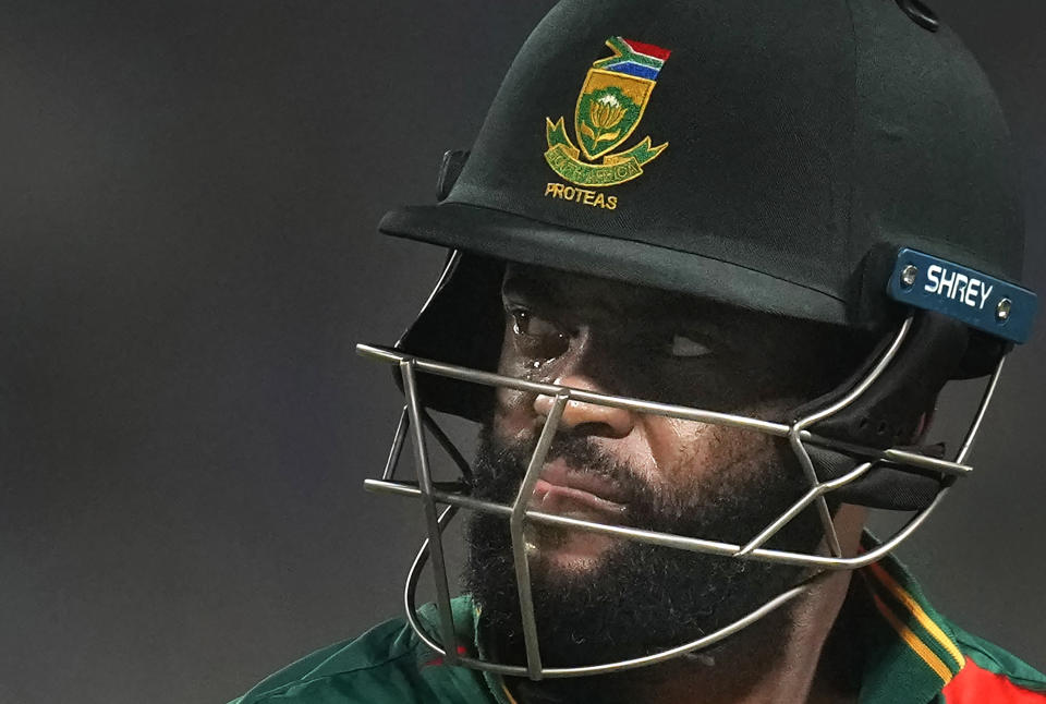 South Africa's captain Temba Bavuma leaves the ground after losing his wicket during the ICC Men's Cricket World Cup match between India and South Africa in Kolkata, India, Sunday, Nov. 5, 2023. (AP Photo/Bikas Das)