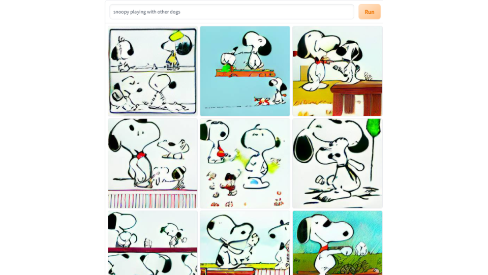 Artificial intelligence graphics from the prompt "Snoopy playing with other dogs" 