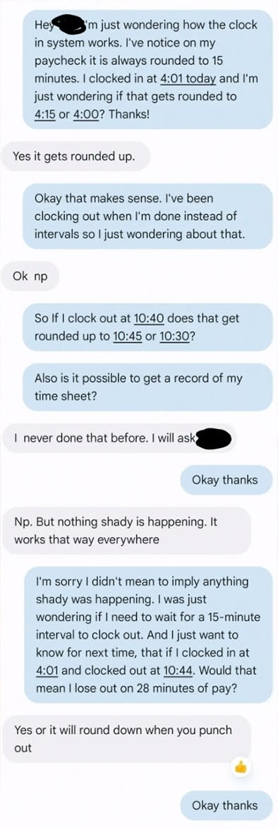 Chat conversation about a clock system rounding punches to the nearest 15 minutes, with one person clarifying how it affects their work hours and pay