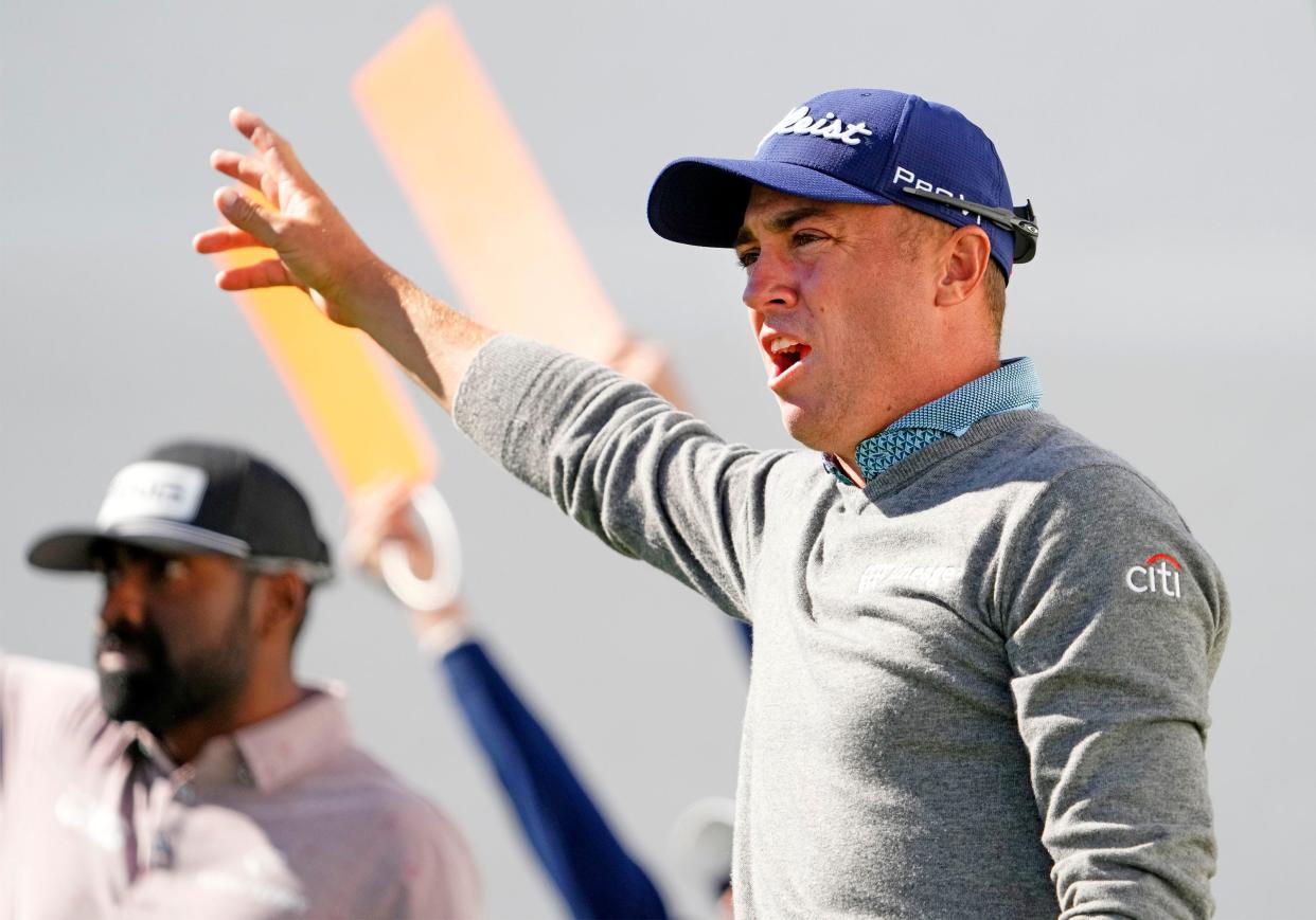 Justin Thomas reacts after playing his tee shot on the 17th hole during round two at TPC Scottsdale on Feb. 10, 2023.