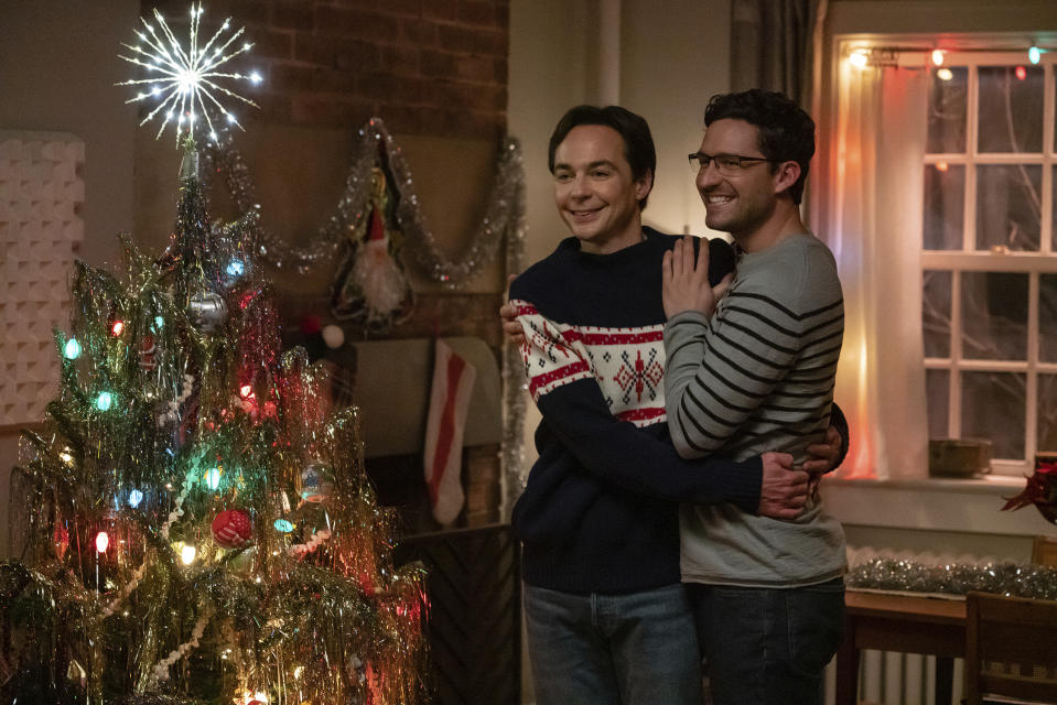 This image released by Focus Features shows Jim Parsons, left, and Ben Aldridge in a scene from "Spoiler Alert." (Giovanni Rufino/Focus Features via AP)