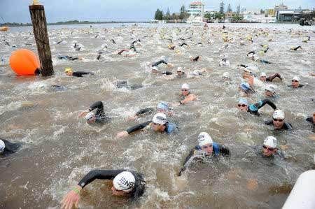 The swim is the first leg, followed by the bike then run.