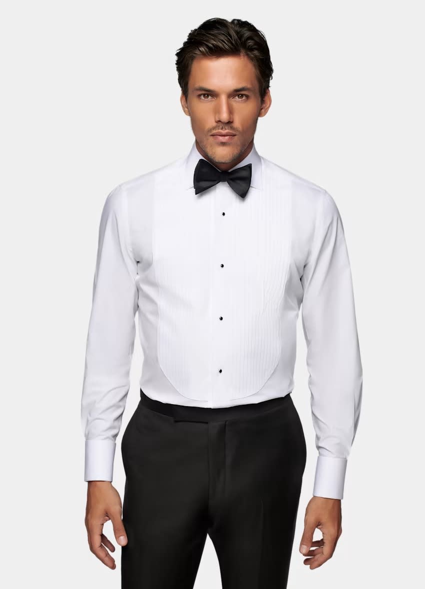 SuitSupply white slim fit tuxedo shirt, wedding outfits for men