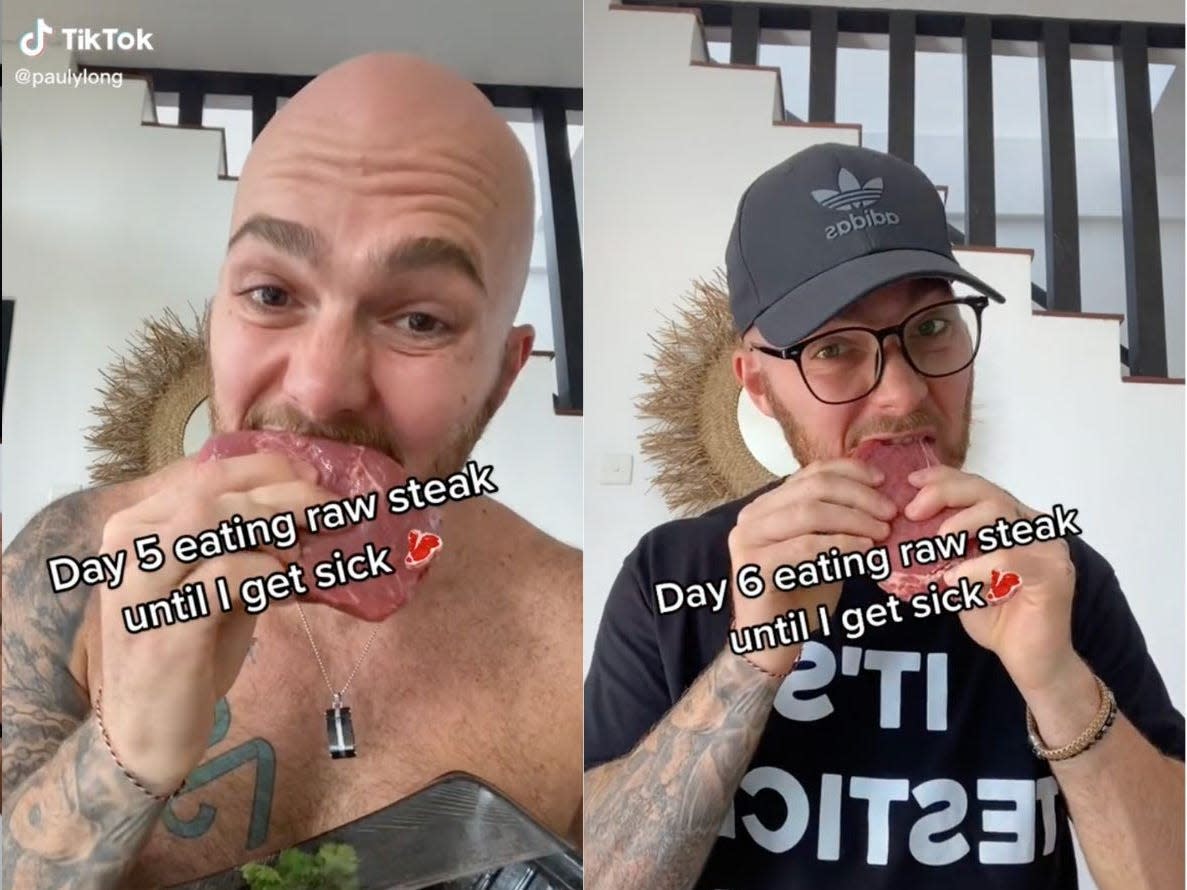 screenshots from @paulylong on TikTok eating raw steak