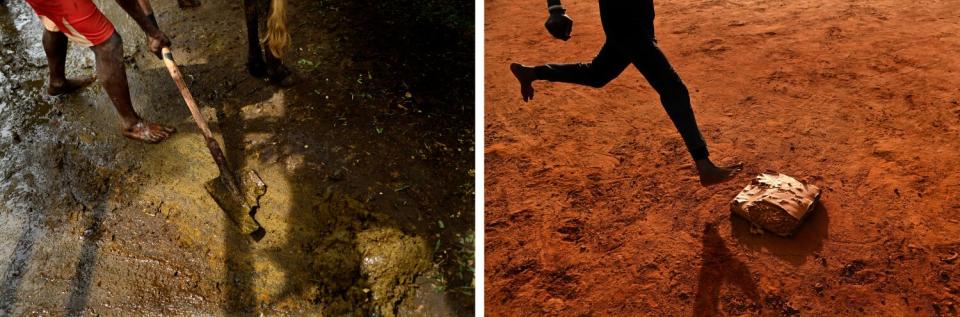 A diptych of barefoot person holding a broken shovel, left, and a baseball player running the bases barefoot