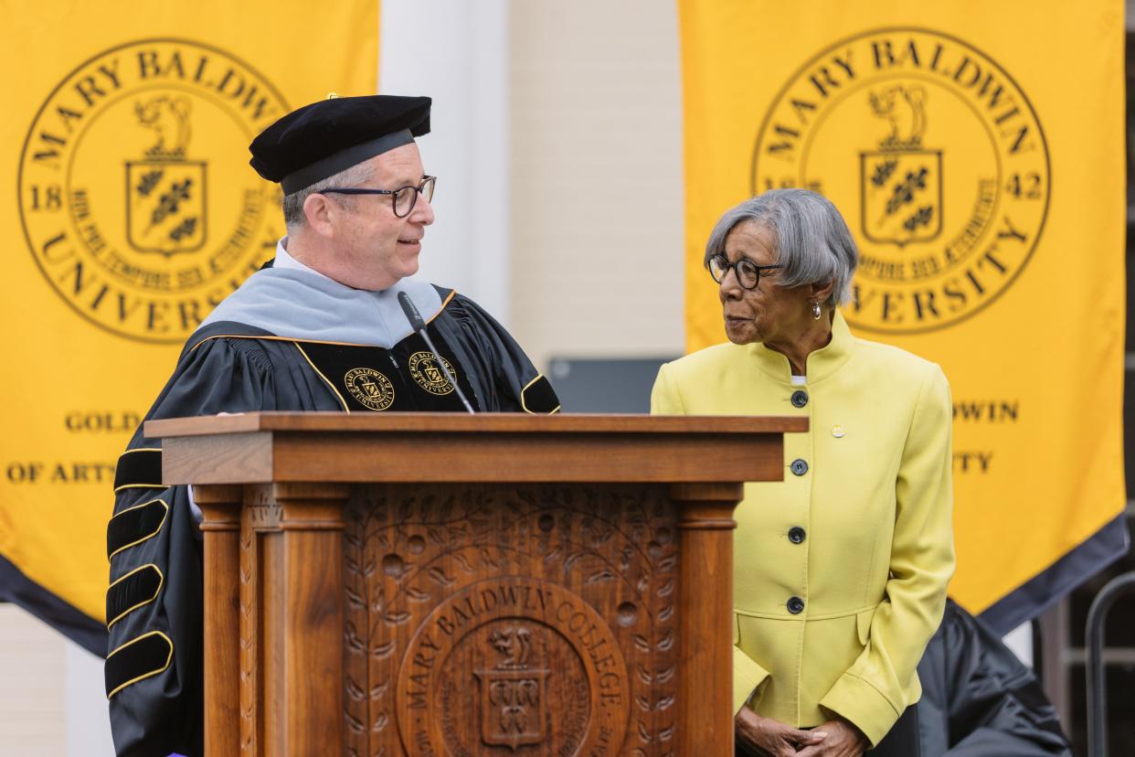 Mary Baldwin University President Jeffrey Stein and Barbara Lee, of Staunton, Mary Baldwin's 2024 recipient of The Algernon Sydney Sullivan Award for individuals who demonstrate nobility of character and unselfish service to the broad community.