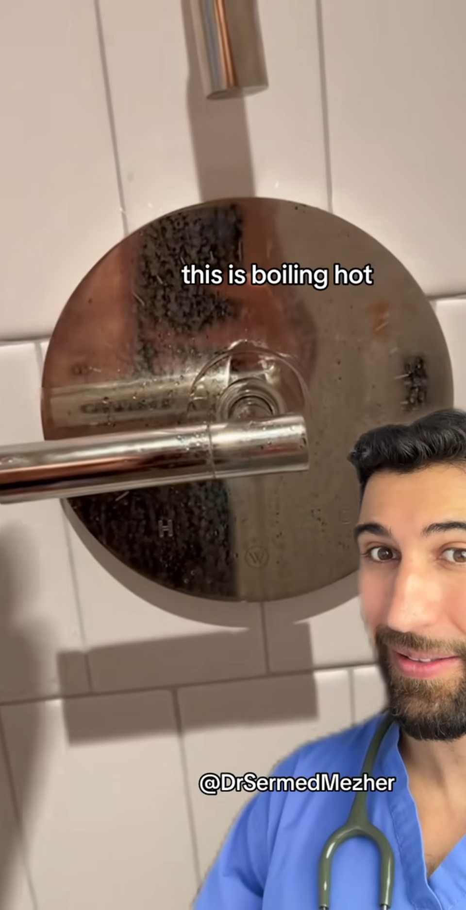 Dr. Sermed Mezher is seen in front of a shower control knob with the text 