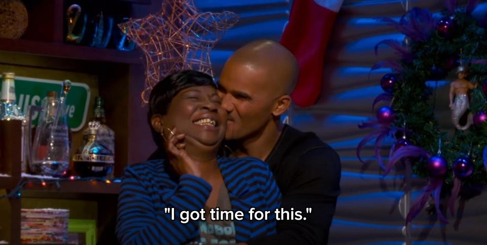 Shemar Moore kissing Sweet Brown on the cheek on Watch What Happens Live