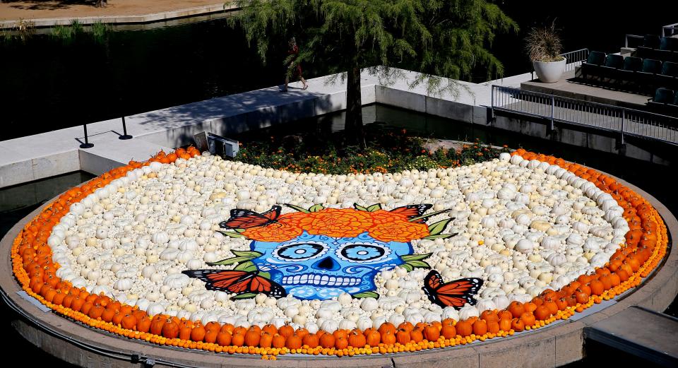 A mural by Tank Ramirez is pictured at Pumpkinville at the Myriad Botanical Gardens in Oklahoma City, Tuesday, Oct., 10, 2023.
