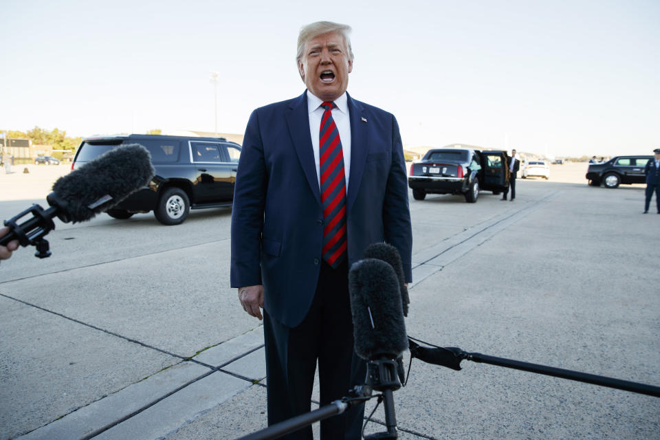 President Donald Trump tells reporters Monday before boarding Air Force One for Chicago, &ldquo;I guess we&rsquo;re in record territory for stock. That&rsquo;s great for 401(k)s." (Photo: Evan Vucci/ASSOCIATED PRESS)