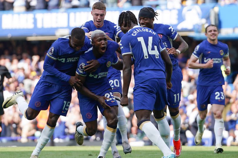 Moises Caicedo celebrates scoring for Chelsea