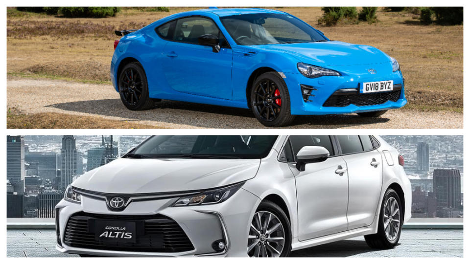 Toyota 86（上）和Corolla Altis（下）是兩台風格截然不同的車子。(圖片來源/Toyota)