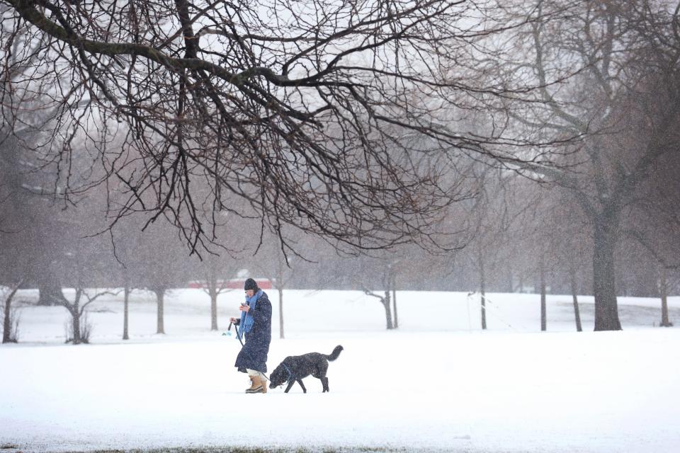 A woman walks her dog across a snow-covered field in Humboldt Park in Chicago on January 25, 2023.