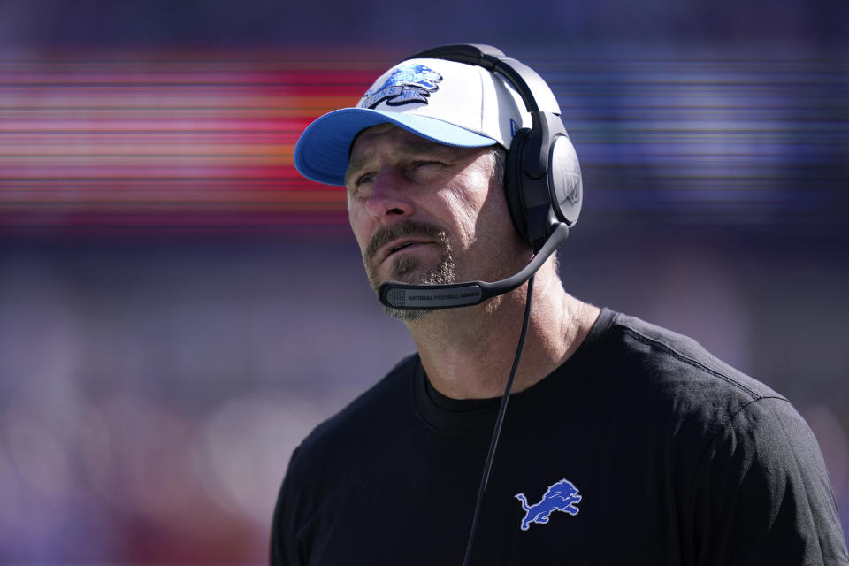 Detroit Lions head coach Dan Campbell during the first half of an NFL football game against the New England Patriots, Sunday, Oct. 9, 2022, in Foxborough, Mass. (AP Photo/Charles Krupa)